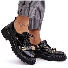 Trendy lace up  black loafer shoes for woman.  Women's semi-boots were made of high-quality eco leather. Set on a flat heel and a platform, which was additionally decorated with an imitation cord. Available in sizes:  UK5 (EU38) AU6 US7 UK6 (EU39) AU7 US8 UK8 (EU41) AU9 US10 This model is laced with an additional zipper on the side with these woman's lace up shoes. The insole will take care of your comfort during use and is made of natural leather. In addition, the heel counter in this footwear Black Patent Leather Lace-up Shoes For Fall, Black Lace-up Shoes With Round Toe For Office, Trendy Black Flat Lace-up Shoes, Trendy Lace-up Patent Leather Oxfords, Black Lace-up Shoes With Lug Sole For Fall, Trendy Black Oxfords With Lug Sole, Trendy Black Oxfords With Rubber Sole, Trendy Black Lace-up Shoes With Flat Heel, Casual Lace-up Boots With Metal Feet