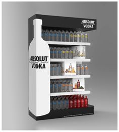 an advertisement for vodka is displayed on the side of a display case with bottles in it