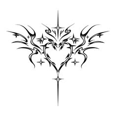 a black and white drawing of a heart with birds on it's wings, in the shape of a cross