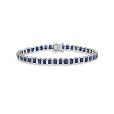 Emerald Cut Blue Sapphires Tennis Bracelet (13.00 ct.) Bezel Setting in 14K Gold Tennis Bracelet Gold, Jewelry Travel Bag, Sapphire Tennis Bracelet, Birthday Bracelet, Wedding Jewelry Bracelets, Minimalist Bracelet, Rose Gold Bracelet, Rings Cool, Yellow Gold Bracelet