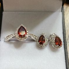 Gorgeous Set Of Pear Shaped Earrings And Ring, Diamonds, Garnet And Real Silver! Fantastic Deal! Descendants Oc, Garnet Jewelry, 925 Silver Ring, Earrings Color, Descendants, 925 Silver Rings, Matching Earrings, Pear Shaped, Lady In Red