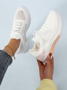 White Sporty    Colorblock Running Shoes    Women Shoes White Breathable Sneakers For Leisure, Casual Stretch Lace-up Sneakers, White Stretch Low-top Sneakers, Girls High Heels, Sports Shoes Outfit, White Tennis Shoes, Light Sneakers, Affordable Shoes, Womens Tennis Shoes