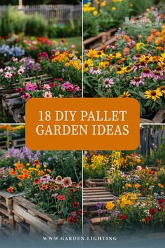 a collage of pictures of a garden with flowers and pallets Pallet Garden Boxes, Pallette Furniture, Vertical Pallet Garden, Pallet Gardening