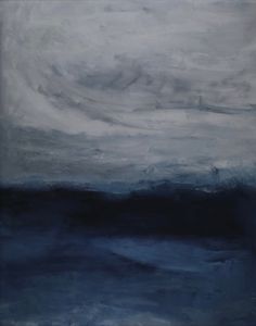 an abstract painting with dark blue and white colors