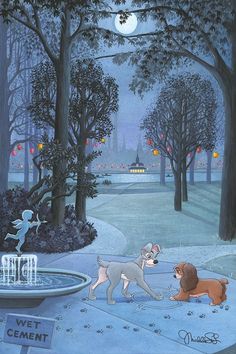 a painting of two dogs playing in the park at night with a fountain and statue