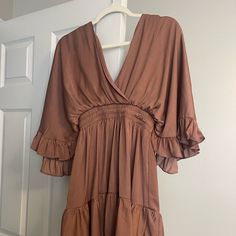 Mauve Satin Dress, Perfect For A Wedding! Size Medium Brown Flowy Party Dress, Flowy Brown Party Dress, Flowy V-neck Mini Dress For Wedding, Flowy Mini Dress For Bridesmaids, Flowy Bridesmaid Mini Dress, Mauve Satin Dress, Mauve Dress, Glam Dresses, Satin Dress