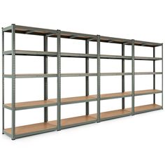 an empty metal shelving unit with three shelves and one shelf on the other side