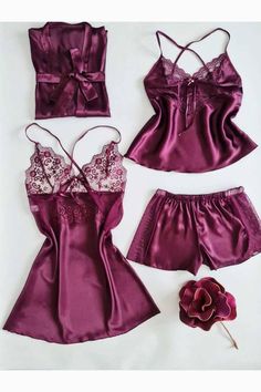 Experience luxurious comfort and elegance with our stunning purple satin sleepwear set. Perfect as a bridal gift or for relaxing at home, this 4-piece nightgown ensemble is designed to make every night feel special. 💜 4-piece set includes a nightgown, robe, top, and shorts 🌙 Made from high-quality satin for a soft, silky touch on your skin ️ Ideal bridal gift for honeymoons or wedding night surprises 💄 Elegant, timeless design that blends comfort with sophistication ✨ Available in various siz Satin Wedding Night Sleepwear, Purple Satin Sleepwear, Night Dress For Women Honeymoon, Nighty For Women, Nighty Night Dress, Pj Outfit, Nightgown Robe, Satin Sleepwear, Honeymoon Outfits