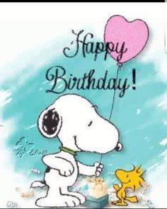 a snoopy dog holding a balloon with the words happy birthday written on it