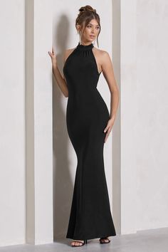 Malika Black Sleeveless Halter-Neck Maxi Dress – Club L London - USA Figure Sculpting, Midi Bridesmaid Dress, Maxi Dresses Uk, Velvet Prom Dress, Halter Neck Maxi Dress, Sleek Bun, Black Tie Gala, Hacks Clothes, Fishtail Skirt