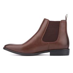 Introducing the Harrison, the ultimate Fall Chelsea boot that epitomizes sophisticated style. Crafted with a sleek faux leather upper, this boot features classic gores on each side and a convenient pull tab for easy on and off access. Perfect for everyday wear, the Harrison combines timeless design with modern comfort, making it your go to choice for the season. Elevate your fall wardrobe with the Harrison Chelsea boot, where elegance meets practicality. Fitted Brown Chelsea Boots For Business, Business Chelsea Boots With Snip Toe For Winter, Classic Brown Martin Boots For Business, Fitted Brown Chelsea Boots For Winter, Fitted Snip Toe Chelsea Boots For Business, Business Winter Chelsea Boots With Almond Toe, Faux Leather Almond Toe Boots For Business, Almond Toe Faux Leather Business Boots, Business Casual Winter Boots With Round Toe