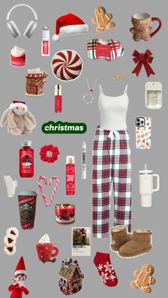 christmas items are arranged in the shape of a collage on a gray background, including boots, mugs, cookies and other holiday decorations