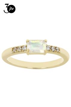 .30ct Rectangular Octagonal Ethiopian Opal With .07ctw Round White Zircon 18k Yellow Gold Over Silver October Birthstone Ring. Measures approximately .62"L x .15"W. Not sizeable. Accent stones primarily zircon. October Birthstone Ring, October Birthstone Rings, Ring Spacer, School Jewelry, Popular Jewelry, October Birthstone, October Birth Stone, Birthstone Ring, Turquoise Jewelry