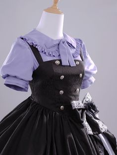 Embrace the kawaii aesthetic and sweet Lolita fashion with this intricately designed dress full set, perfect for cosplay events, conventions, and themed parties.  This price is for a dress, a shirt, an eye patch, a bowknot at the waist, a pair of stockings, and a bandage on the arm.  Shirt   	 		 			Size 			S 			M 			L 		 		 			Shoulders 			37 			38.5 			40 		 		 			Sleeve Length 			22 			23 			24 		 		 			Bust 			88 			92 			96 		 		 			Waist 			71 			75 			79 		 		 			Full Length 			55 			56.5 Purple Black Outfit Ideas, Fairy Kei Short Sleeve Dress For Costume Party, Harajuku Short Sleeve Cosplay Dress, Harajuku Style Short Sleeve Cosplay Dress, Harajuku Doll Collar Dress For Cosplay, Harajuku Dress With Doll Collar For Cosplay, Harajuku Style Sleeveless Costume Dress, Kawaii Short Sleeve Dress For Costume Party, Kawaii Short Sleeve Costume Party Dress