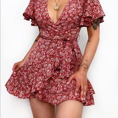 Large Mini Faux Wrap Dress, Nwt Flirty Red Dress For Day Out, Red A-line Floral Dress For Summer, Fitted Red Floral Dress For Spring, Flirty Red Floral Print Dress, Red Short Sleeve Lined Dress, Red Floral Dress For Spring, Red Floral Print Dress For Brunch, Fitted Red Floral Dress For Summer, Feminine Red Summer Dresses