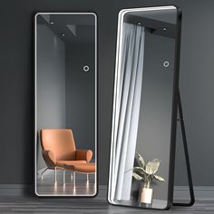 an image of a mirror with a chair in it and a plant on the floor next to it