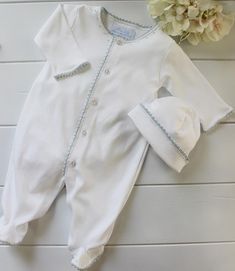 Beautiful baby boys white footed onesie is made of soft pima cotton fabric and features vintage crochet. This classic long sleeve sleeper makes a beautiful baby boys coming home layette outfit. 100% Pima Cotton Machine Washable Looks great personalized White Long Sleeve Onesie For Baptism, Fitted White Onesie For Bedtime, Fitted White Onesie For Baptism, White Fitted Onesie For Baptism, Pima Cotton Fabric, Blue Crochet, Crochet Trim, Girls Rompers, Vintage Crochet