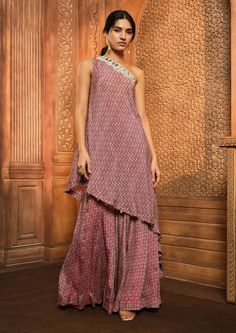 Aneesh Agarwaal-Red Oval Printed Sharara Set-INDIASPOPUP.COM Luxury Mulmul Sharara With Traditional Drape, One Shoulder Kurta Set, One Shoulder Suits Indian, Asymmetrical Kurti, One Shoulder Kurta, Aneesh Agarwaal, Indian Outfits Modern, Kurta And Sharara Set, Printed Sharara