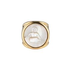 Our classic, best-selling zodiac ring in 14k vermeil and mother of pearl. 16mm round center stone. *Recommend sizing up* Elegant Zodiac Sign Jewelry For Formal Occasions, Elegant Zodiac Sign Jewelry For Formal Events, Elegant Round Signet Ring With Intaglio, Yellow Gold Cameo Signet Ring, Gold Round Cameo Signet Ring, Luxury Gold Cameo Ring, Libra Ring, Sagittarius Scorpio, Libra And Pisces