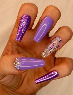 "Purple glitter and chrome press on nails. Design is shown on \"Medium Coffin\" *Colors and finishes are able to be customized on any of our nail sets.* *Please note that design may differ slightly due to nail shape and size chosen for the design.* Each set of nails is meticulously hand painted and my heart gets put into each set I make. I strive to create a gorgeous set of nails that you will love! When applied correctly our nails are able to last 2-3 weeks. They can also be reused when removed Purple Glitter Press On Nails, Cute Spring Nail Ideas, Lotus Nails, Press On Nails Design, Mom Nails, Purple Nail Art, Medium Coffin, Chrome Nails Designs, Purple Nail Designs