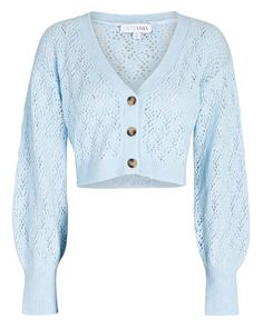 INTERMIX Women's Brea Cropped Pointelle-Knit Cardigan with Buttons Style# DLKR1630-MN-IMX-EXCL, Color: Light Blue, Size: Women's Regular Large Fabric: 48% polyamide, 25% wool, 17% acrylic, 10% cashmere NEW WITH TAGS Please know that ALL our products are packed with the utmost care to make sure your item is received in the same condition it is shipped. THANK YOU FOR SUPPORTING SMALL BUSINESS! Chic Blue Pointelle Knit Sweater, Blue Pointelle Knit Long Sleeve Cardigan, Light Blue Pointelle Knit Sweater For Winter, Blue Fine Knit Long Sleeve Cardigan, Blue Open Knit Cardigan For Fall, Fitted Blue Open Knit Cardigan, Blue Cable Knit Cardigan For Spring, Blue Winter Pointelle Knit Cardigan, Blue Fine Knit Cardigan For Winter