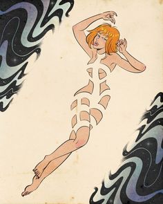 a drawing of a woman in a bathing suit with her arms behind her back and legs crossed