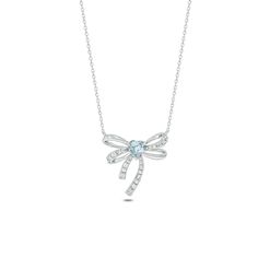 Wrap your love in this sweet aquamarine and diamond bow necklace. Sterling silver The sculpted bow shimmers with diamond-touched and polished ribbons A 5.0mm heart-shaped blue aquamarine centers the design 1/8 ct. t.w. of diamonds 18.0-inch diamond-cut cable chain necklace; spring-ring clasp Diamond Bow Necklace, Formal Fine Jewelry With Bow Detail, Formal Fine Jewelry With Bow, Diamond Bow Jewelry As Gift, Fine Jewelry Anniversary Bow Jewelry, Fine Jewelry With Bow For Anniversary, Fine Jewelry Bow For Anniversary, Diamond Jewelry With Bow For Anniversary, Blue Diamond Necklace