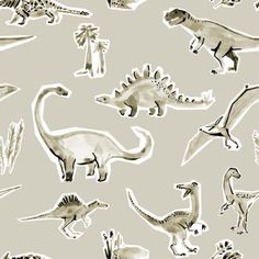 an image of dinosaurs and palm trees in black and white on a light gray background