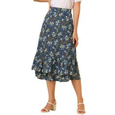 It is made from lightweight fabric adds definition to the free-flowing design. Falling to a waterfall midi hem, it sits high on the waist with a discreet side zip fastening. Channel elegant style in this midi skirt, beautifully printed with an blossom print for versatile look. Wear it with tops and sandals for a sleek work or weekend fit. Occasion: Weekend, Daily Wear, Shopping, Picnic, etc. Please check your measurements to make sure the item fits before ordering. Measurement (in inches) Intern Flowy Ruffle Hem Skirt For Garden Party, Flowy Skirt With Ruffle Hem For Garden Party, Non-stretch Floral Print Midi Skirt, Floral Print Flowy Skirt For Garden Party, Floral Print Chiffon Skirt, Casual Ruffled Bottoms For Garden Party, Floral Print Chiffon Skirted Bottoms, Spring Floral Print Asymmetrical Skirt, Casual Chiffon Skirt With Floral Print