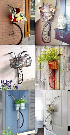 four different pictures of bicycles and flowers hanging on the wall, one is made from old shutters