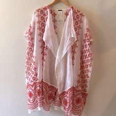 Nwt, Sheer With Red Embroidery Flowers Beach Poncho Cover Up With Approximately 34” Length. Casual Embroidered Kaftan For Beach Cover-up, Summer Embroidered One Size Kimono, Summer Embroidered Kimono, Embroidered One-size Summer Kimono, Casual Beach Kimono With Floral Embroidery, Embroidered White Cover-up For Vacation, Summer Embroidered White Kaftan, Embroidered V-neck Beach Kimono, White Embroidered Cover-up For Beach Season