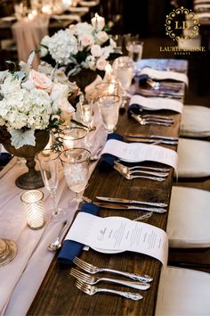 Elegant navy and pink barn wedding with glowing gold candles, lush floral centerpieces, and wood tables held at Terian Farms in Nashville, Tennessee Light Pink And Navy Blue Wedding, Navy Wedding Table Settings, Navy Blue And Pink Wedding, Pink Table Settings, Baby Pink Wedding, Blush Weddings, Blue Table Settings, Navy Gold Wedding