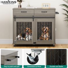 two dogs are looking through the bars of their kennel