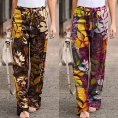 Breathe life into your wardrobe with these Floral Wide Leg Pants!! Perfect for the chic, style-savvy woman, their fresh bloom of colors and relaxed fit make every day feel like spring. Delight in comfort with the elastic drawstring waist—effortless fashion at its finest. Floral Wide Leg Pants, Boho Beach Dress, Vintage Trousers, Womens Camisoles, Essential Dress, Autumn Casual, Womens Floral Dress, Beach Maxi Dress, Long Dress Casual