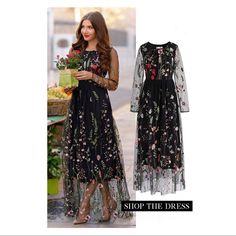 This Detailed Embroidered Floral Dress Is Classic And Beautiful. Perfect For The Upcoming Holidays. Spring Evening Embroidered A-line Dress, Chic Floral Embroidered Maxi Party Dress, Chic Maxi Dress With Floral Embroidery For Party, Elegant Black Maxi Dress For Garden Party, Spring Evening Midi Dress With Floral Embroidery, Evening Midi Dress With Floral Embroidery For Spring, Elegant Long Sleeve Embroidered Dress With Floral Details, Elegant Long Sleeve Embroidered Floral Dress, Spring Party Maxi Dress With Floral Applique