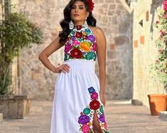 Mexican Floral Halter Dress. S 2X. Embroidered Mexican Dress. Mexican Party Dress. Halter Top Dress. Mexican Typical Dress. Bohemian Style - Etsy Fitted Embroidered Dress With Intricate Embroidery For Summer, Fitted Dresses With Geometric Embroidery For Festival, Fitted Dress With Geometric Embroidery For Spring, Fitted Spring Dress With Geometric Embroidery, Fitted Geometric Embroidery Festival Dresses, Embroidered Dresses For Spring Fiesta, Fitted Summer Dresses With Geometric Embroidery, Fitted Dresses With Multicolor Geometric Embroidery, Folk Style Embroidered Fitted Maxi Dress