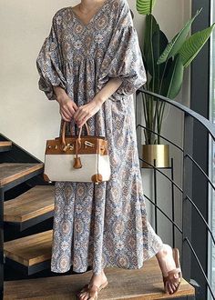 Unique Blue V Neck Print Wrinkled Cotton Dress Lantern Sleeve Long Dress Korean, Vintage Summer Dresses, Lantern Sleeve Dress, Chiffon Fashion, Blue V, Lantern Sleeve, Blue Midi Dress, Casual Summer Dresses, Vintage Summer