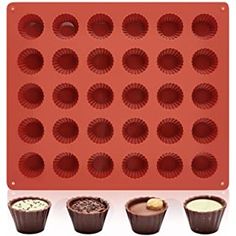 four cupcake pans are shown with different toppings