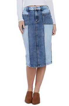 Pieced washes add eye-catching dimension to this midi skirt cut from low-stretch denim. 27" length (size 27) Zip fly with button closure Front patch pockets; back patch pockets 67% cotton, 29% REPREVE® recycled polyester, 3% rayon, 1% spandex REPREVE recycled polyester is made from 100% post-consumer recycled plastic bottles Machine wash, tumble dry Imported Stretch Denim Knee-length Jeans, Fitted Knee-length Denim Jeans, Dark Wash Denim Knee-length Bottoms, Dark Wash Knee-length Denim Skirt, Knee-length Medium Wash Denim Bottoms, Mid-rise Blue Denim Skirt, Medium Wash Knee-length Denim Jeans, Denim Blue Midi Length Denim Skirt, Medium Wash Midi-length Denim Skirt