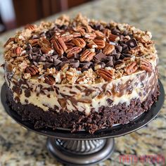 a cake with pecans and chocolate on top