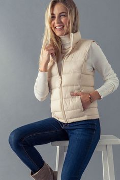 Padded light weight, vest, easy travel, warm cosy, hoodie, 100% nylon, 2 pockets, trendy. Cheap Beige Vest Outerwear, Luxury Beige Vest For Layering, Cheap Trendy Beige Vest, Cheap Beige Vest For Women, Cheap Beige Women's Vest, Cream Iets Frans Gilet, Cheap Beige Vest With Pockets, Padded Vest Outfit Woman, Vest Outfits For Women Winter