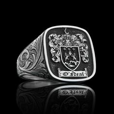 "Customized Family Crest Ring, 925K Silver Custom Signet Ring, Family Crest Signet Ring, Coat Of Arms Ring, Customized Signet Clan Ring ❥ Family Ring symbolize the glory and honor of our ancestors. We manufacture your family crest rings using high technology with diligence so that you can pass them on to next generation. Oval Celtic Design Raised Family Ring are physical manifestations of Family, Country, Culture and Tradition. Be proud of your family crest, honor your ancestors and pass your gr Custom Black Formal Jewelry, Custom Black Jewelry For Formal Occasion, Sterling Silver Jewelry With Polished Edges For A Wedding, Timeless Engraved Ring With Polished Edges As Gift, Timeless Engraved Ring With Polished Edges For Gift, Heirloom Jewelry With Polished Edges For Anniversary, Luxury Collectible Rings With Engraving Option, Adjustable Formal Ring With Engraving Option, Custom Oval Signet Ring For Formal Occasions