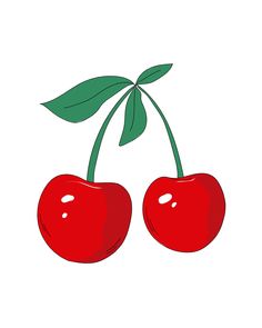 two cherries with green leaves on white background