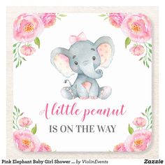 a watercolor elephant with pink flowers on it's back and the words, little peanut is on the way