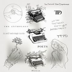 an old fashioned typewriter surrounded by hand drawn images