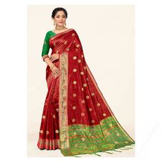 Specifically designed to add a contemporary appeal to your ethnic look, this deep red silk saree will surely grab everyone's attention. This sweetheart neckline and 3/4th sleeve blouse is weaved with thread and zari work. It is paired with a silk broad border saree in deep red color weaved with thread and zari work. This blouse can be customized up to the maximum size available in inches 44 around the bust. Slight color variation may occur due to photographic reasons. Red Silk Saree