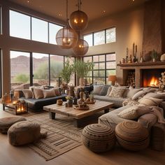 a living room filled with lots of furniture and a fire place in front of a large window