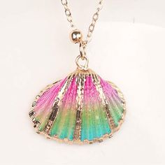 “Ombre Scallop Shell” Pink, Green, & Blue Painted Rainbow Bivalve Clam Oyster Gold-Dipped Striped Ridged Seashell Mermaid Ocean Beach Surfer Island Tropical Nautical Vacation Elegant Upscale Elevated Necklace. Beautiful Genuine Scallop Shell That Is Painted With Pink At The Umbo (Apex), Green In The Center/Body, & Blue On The Lower Edge, Giving An “Ombre” Effect. It Has Gold Dipped Edges & 3 Gold Vertical Stripes. On An Equidistant Gold Ball Beaded Link Chain. New. *See Also “Striped Black Scall Pink Shell-shaped Necklace For Beach, Bohemian Shell-shaped Pink Jewelry, Bohemian Pink Shell-shaped Jewelry, Summer Multicolor Shell Jewelry, Summer Gift Pink Shell Necklace, Pink Shell-shaped Summer Jewelry, Pink Shell Ocean-inspired Jewelry, Pink Shell-shaped Jewelry For Summer, Pink Shell Jewelry For Summer