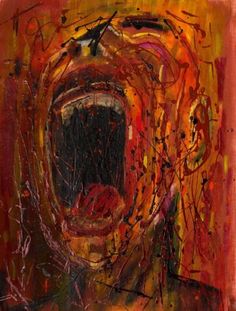 an abstract painting with red, yellow and black colors on it's face is shown