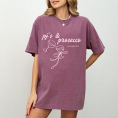 These PJ's and prosecco shirts are perfect for your girls night or bachelorette party shirts. Want it customized? Be sure and enter your customizations below! Note: If between sizes, we recommend sizing up to allow for slight shrinking. Be sure and size up for an oversized fit! Returns: Your items are made to order. For that reason, we cannot accept returns at this time. If you have concerns about your order, please send me a message. Each shirt features: * High quality cotton * Heavy weight * Machine washable fabric * & more!  THANK YOU for supporting my small business! Pjs And Prosecco, Prosecco Bachelorette, Night Pjs, Bachelorette Sleepover, Bridesmaid Pjs, Girls Trip Shirts, Bachelorette Party Shirts, Travel Shirts, Night Shirt